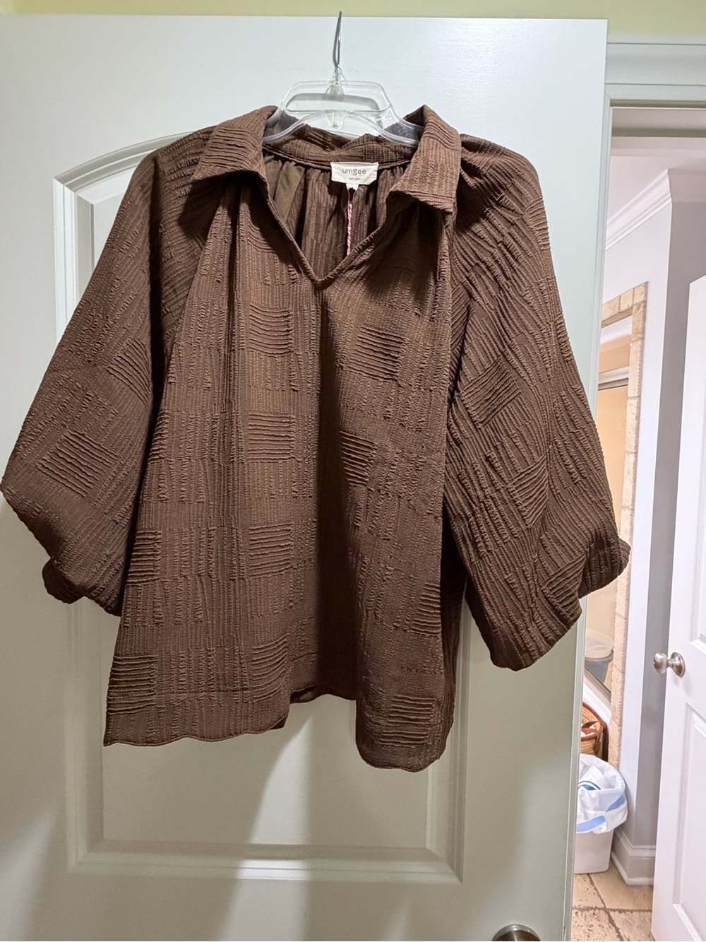 Umgee Chocolate Brown Textured Collared Blouse